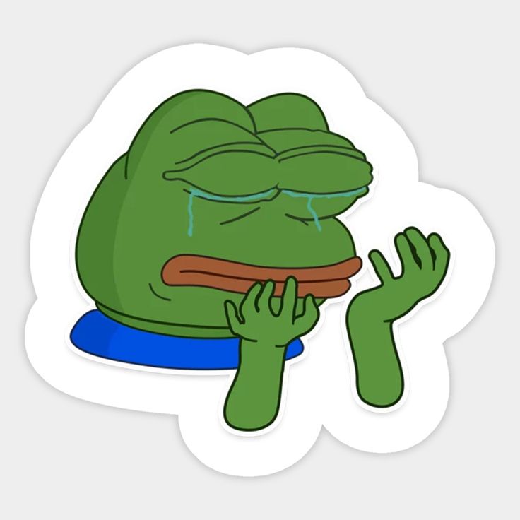 a sticker with an image of a green frog covering its face and holding his hand up