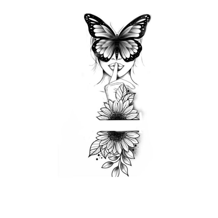 a black and white drawing of a woman with a butterfly on her head, holding a flower