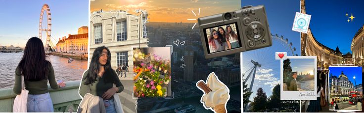 a collage of photos with people and buildings in the background, including a woman holding a camera