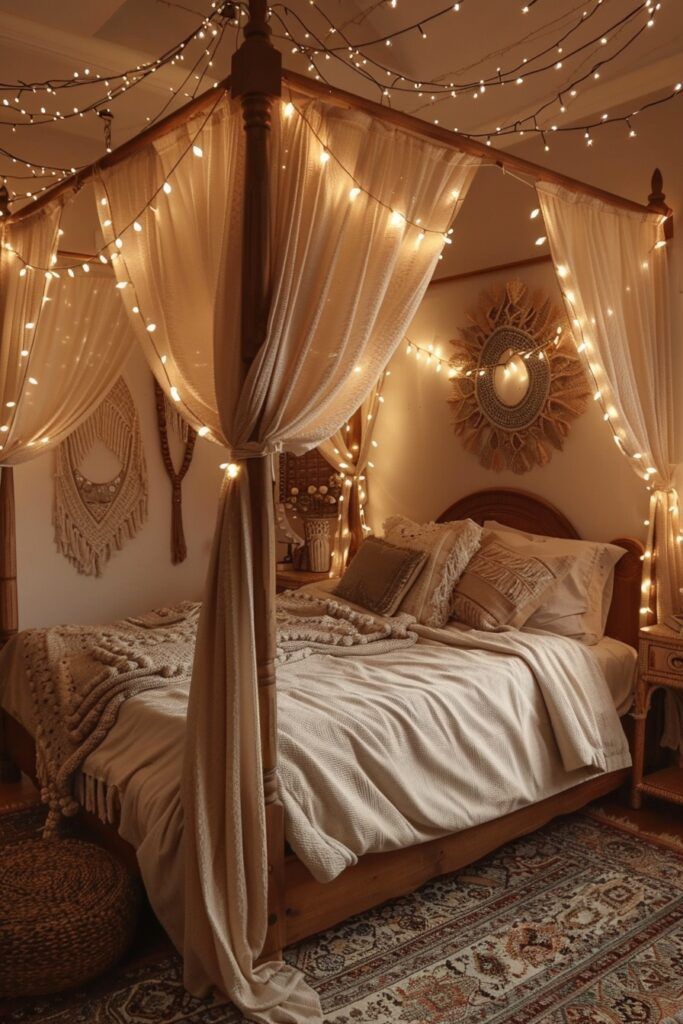 a canopy bed with lights hanging from it's sides