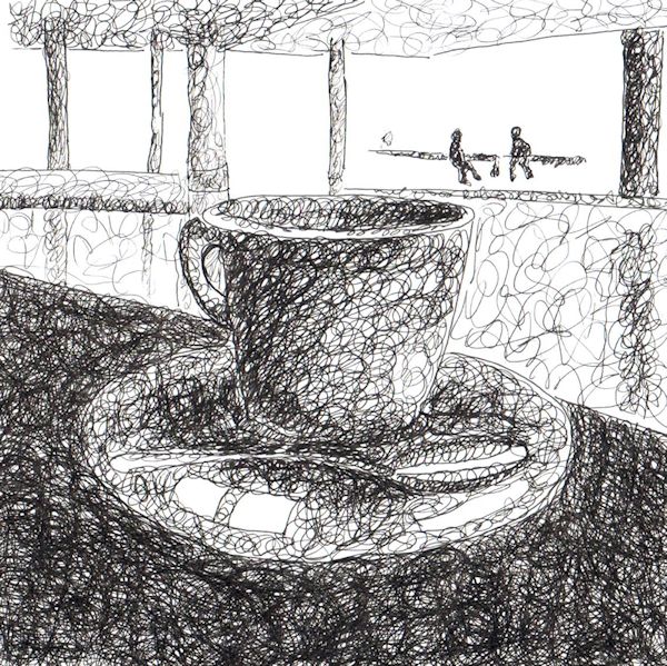 a drawing of a cup and saucer on a table