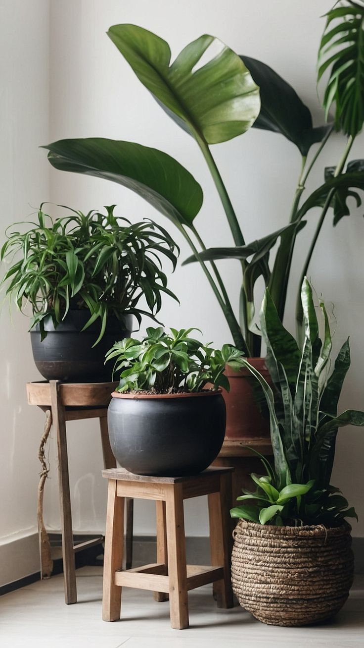 three potted plants sitting on stools next to each other