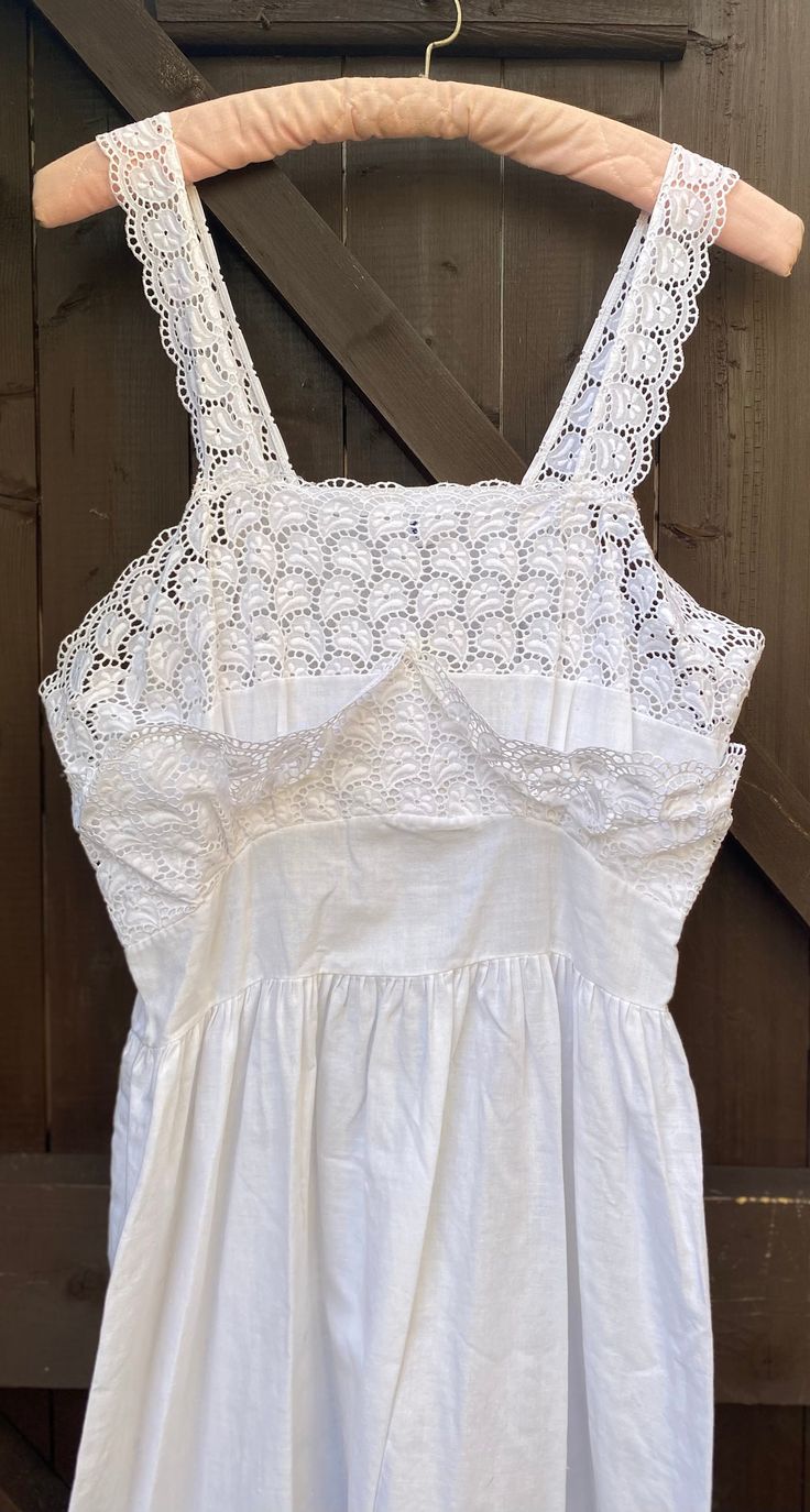 Beautiful white cotton and broderie  anglaise vintage nightie by Sidroy. Would make a lovely dress. In lovely condition. Underarm to underarm 19" Cotton band under bust 34" White Ruffled Nightgown For The Beach, Cottagecore White Nightgown With Lace Trim, White Broderie Anglaise Cottagecore Dress, White Lace Summer Nightgown, Summer Vintage White Broderie Anglaise Dress, Summer Vintage White Dress With Broderie Anglaise, Vintage White Nightgown For Summer, Vintage Sleeveless Broderie Anglaise Dress, Vintage White Nightgown For The Beach