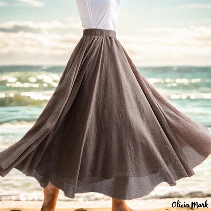 Olivia Mark - Solid Color Cotton Linen Midi Skirt - Casual Holiday Swing Maxi Skirt Beach Dress Cheap Maxi Skirts, Linen Midi Skirt, Skirt Beach, Grandma Fashion, Ruffle Maxi Skirt, Langer Rock, Summer Linen, Summer Black, Skirts Online