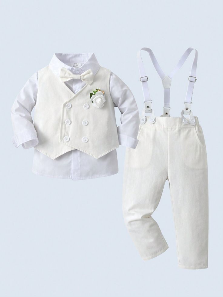 Baby Boy Gentleman Suit 3pcs Set: Long Sleeve Shirt, Double Breasted Vest And Pants, Suitable For Birthday, Party, Performance Or Wedding, Full Moon Celebration White Elegant  Long Sleeve Fabric Plants  Non-Stretch  Baby Boys Clothing, size features are:Bust: ,Length: ,Sleeve Length: Gentleman Suit, Baby Boy Christening, Vest And Pants, Double Breasted Vest, Gentleman Style, Boys Clothing, Baby Sets