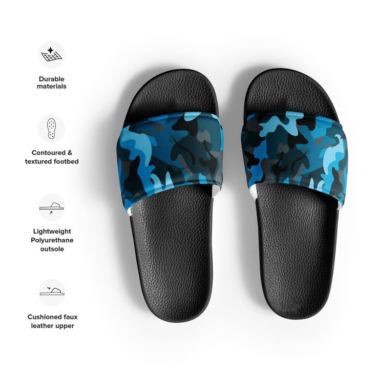 a pair of blue camouflage slippers on top of a white background with instructions for how to wear them