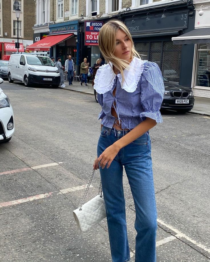 Camille Charriere, Gingham Blouse, Creation Couture, Denim Trends, Fall Fits, Influencers Fashion, Fashion People, Blue Gingham, Cotton Blouse