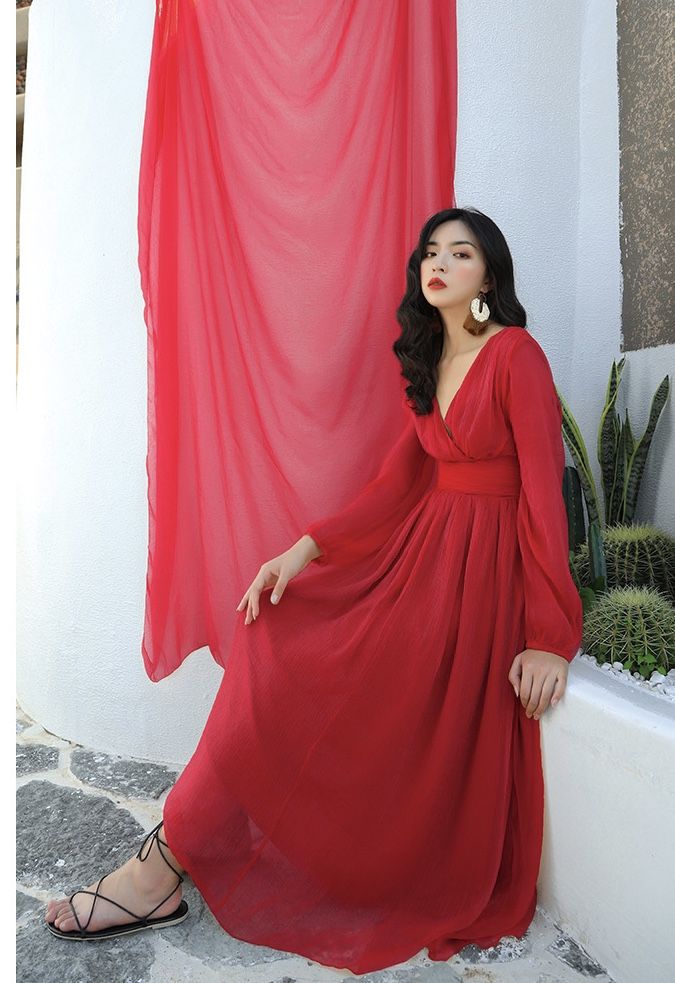 Name: Seaside holiday beach dress, travel dress, fairy dressMaterial:blendedColor:red,orangeFeatures:fairy.sexySize(cm):S,M,L,XL 1inch=2.54cmS:bust:86,waist:63,length:123,sleeve:58M:bust:90,waist:67,length:124,sleeve:59<p>L:bust:94,waist:71,length:125,sleeve:60</p><br/><p>XL:bust:100,waist:76,length:126,sleeve:61</p><br/><p>Note:Due to different measurement methods,there will be 1-3 error(unite:cm), please understand.</p><br/><p>Please Flowy Maxi-length V-neck Dress For Formal Occasions, Chiffon Maxi Dress With Surplice Neckline For Evening, Chiffon Maxi Dress With Empire Waist For Evening, Formal Chiffon Maxi Dress With Surplice Neckline, Flowy Solid Color Chiffon Maxi Dress, Flowy V-neck Midi Dress For Evening, Chiffon Maxi Dress With Empire Waist For Party, Chiffon Maxi Dress For Wedding With Surplice Neckline, Solid Color Chiffon Maxi Dress