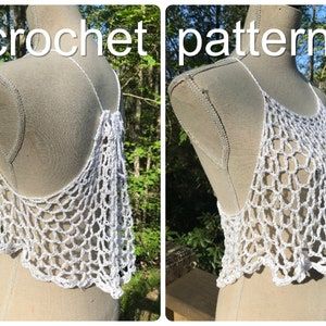 two pictures of a crochet top on a mannequin