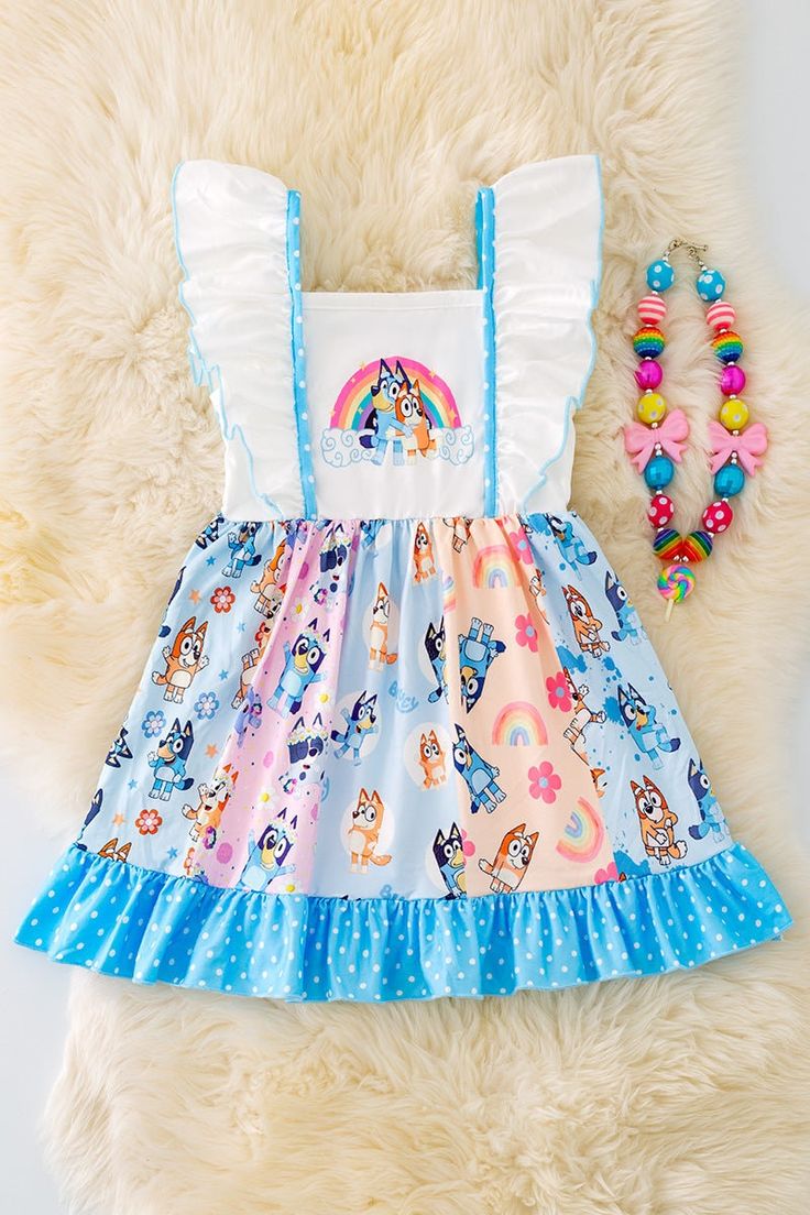 One dress  Top Ruffles  Colorful Pattern **Boutique clothing runs HALF-SIZES  XS-18/24m S-2/3T M-3/4T L-4/5 XL-5/6 2X-6/7 3X-7/8 Cute Multicolor Dress With Ruffle Hem, Spring Cartoon Print Fun Dress, Spring Cartoon Print Dresses For Playtime, Spring Cartoon Print Dress For Playtime, Cute Multicolor Ruffled Dress, Cute Light Blue Dress With Ruffle Hem, Blue Ruffled Dress For Playdate, Light Blue Ruffled Dress For Playdate, Playful Blue Dress For Playtime