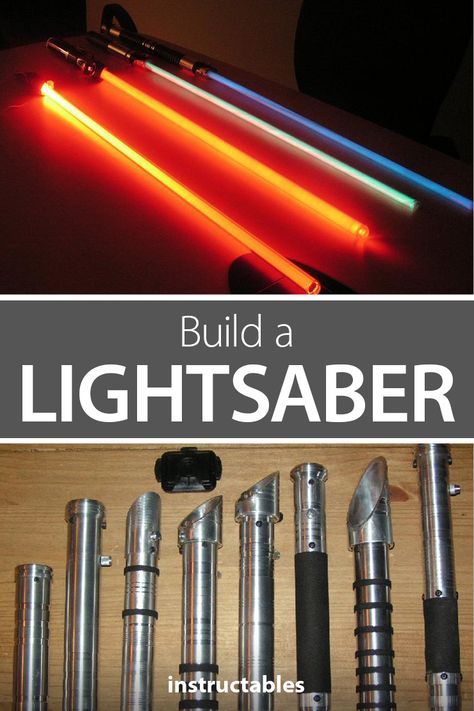 some lightsabers are sitting on top of a table with the words build a light saber