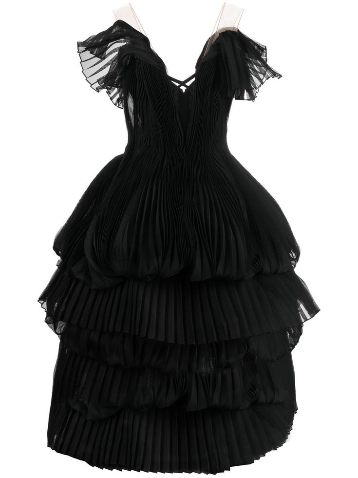 pleated tiered gown from MARCHESA featuring black, fully pleated, V-neck, V-back, rear zip fastening, flute sleeves, tiered skirt and floor-length. Needle And Thread Dress, Needle And Thread Dress Black, Kitsch Fashion, Thread Dress, Tiered Gown, Needle And Thread Dresses, Shopping List Clothes, Marchesa Gowns, Clothing Shopping