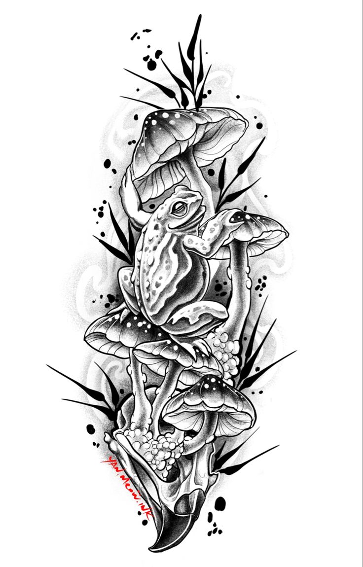 a black and white tattoo design with mushrooms