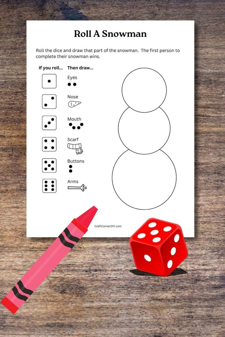 Picture of a roll a snowman game with a dice and a crayon. Build A Snowman Kit Printable, Roll A Snowman Game Free Printable, Roll A Snowman Free Printable, Snowman Dice Game Printable, Free Roll A Snowman Printable, Draw A Snowman On Your Head Game, Blind Drawing Game Ideas, Christmas Large Group Games Preschool, How To Build A Snowman Craft