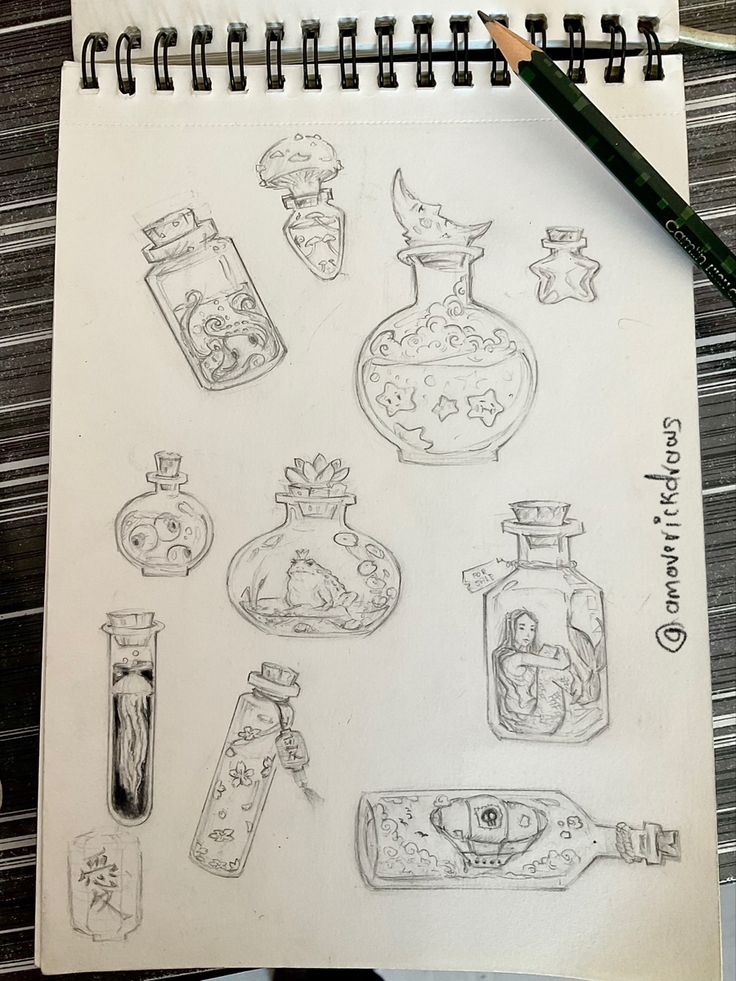 a drawing of various bottles and jars on a sheet of paper next to a pencil