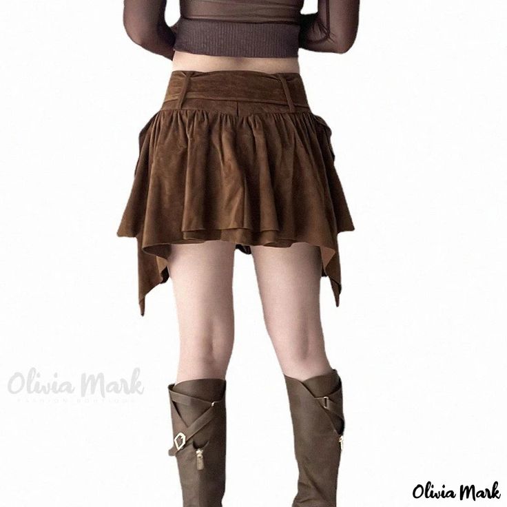 Olivia Mark - Vintage Solid Color Multi-Layered Midi Skirt with Sexy High Waist Belt Design and Pleated Detail High Waist Fitted Brown Skort, Fitted Brown Skort With Pockets, Fitted High Waist Cargo Skirt For Fall, Fall High Waist Fitted Cargo Skirt, High Waist Fitted Cargo Skirt For Fall, Fitted Bohemian Brown Mini Skirt, Brown Mini Skirt For Festival, Fitted Mini Skirt For Festival, Fall Festival Mini Skirt