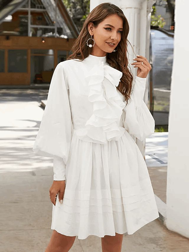 A-Line Elegant Vintage Party Wear Wedding Guest Valentine's Day Dress High Neck Long Sleeve Short Mini Cotton with Ruffles Valentine's Day Dress, Dress High Neck, Stitching Dresses, Valentines Day Dresses, Mob Dresses, Evening Dresses Cocktail, Vintage Party, High Neck Long Sleeve, Cotton Midi Dress