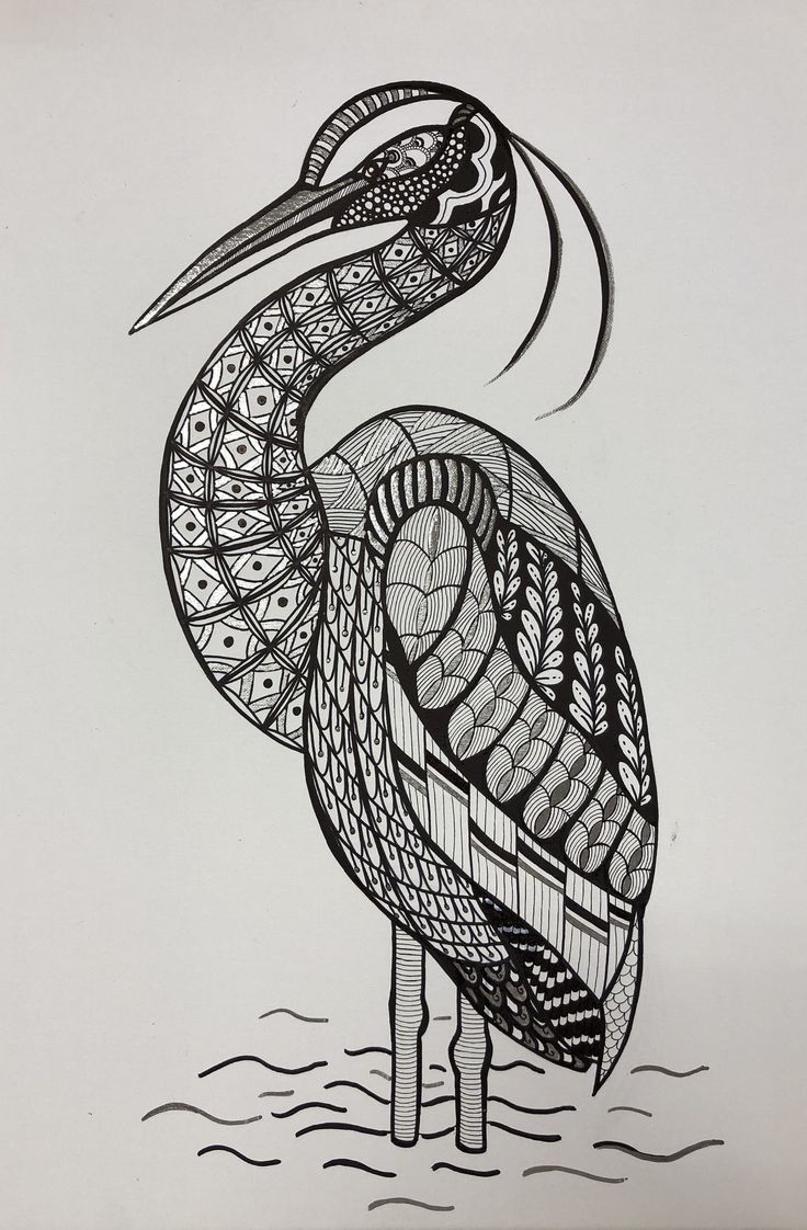 a black and white drawing of a bird with an intricate pattern on it's body