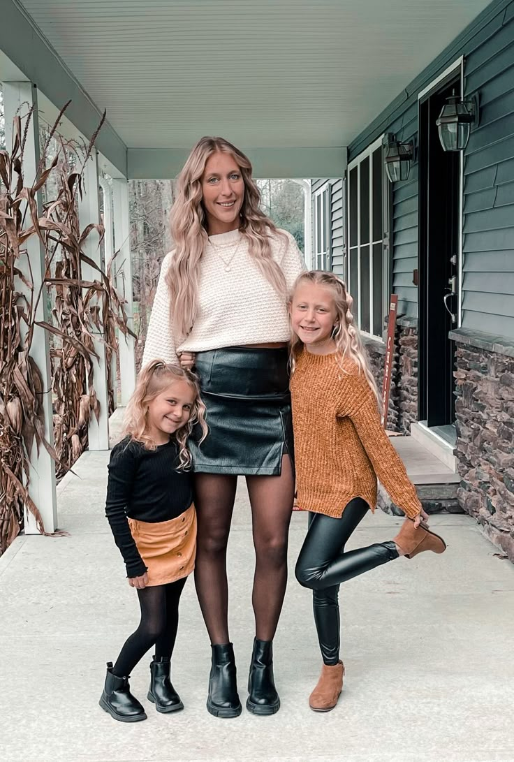 Womens Leather Skirt Outfits, Plaid And Leather Outfit, Toddler Leather Skirt Outfit, Winter Skirt With Sweater, Leather Skirt Outfit Ideas Winter, Black Leather Skirt And Sweater Outfit, Christmas Leather Skirt Outfit, Thanksgiving Outfit Black Boots, Black Leather Skirt Christmas Outfit