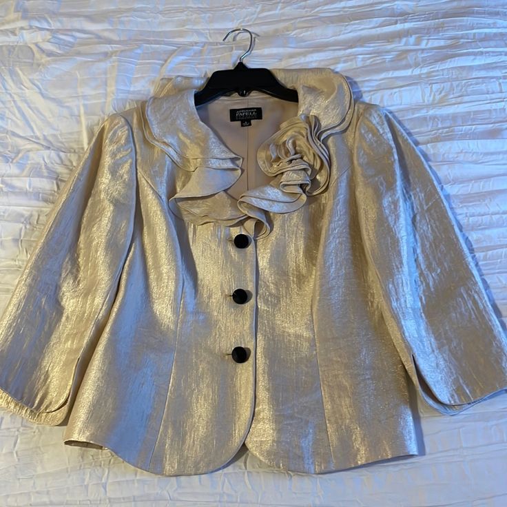 Never Worn. Beautiful Champagne Color. Great For Evening Wear Or Over A Dress. Cream Long Sleeve Blazer For Evening, Cream Evening Blazer For Fall, Cream Long Sleeve Outerwear For Evening, Cream Fitted Evening Outerwear, Beige Spring Evening Blazer, Fitted Cream Evening Outerwear, Beige Evening Blazer For Spring, Fitted Cream Outerwear For Evening, Beige Blazer For Evening In Spring