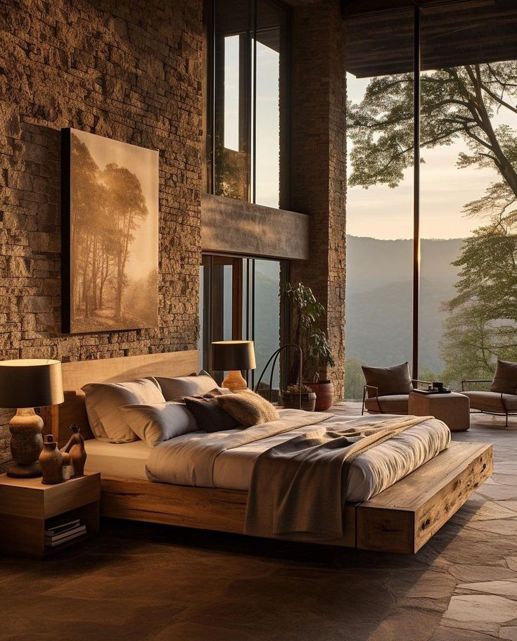 Wake up to the gentle embrace of a sunrise in this stone-inspired bedroom. Mountain Home Bedroom, Modern Country Bedrooms, Contemporary Mountain Home, Country Bedroom, Home Decorating Ideas, Master Bedrooms Decor, Rustic Bedroom, Dream House Decor, Beautiful Bedrooms