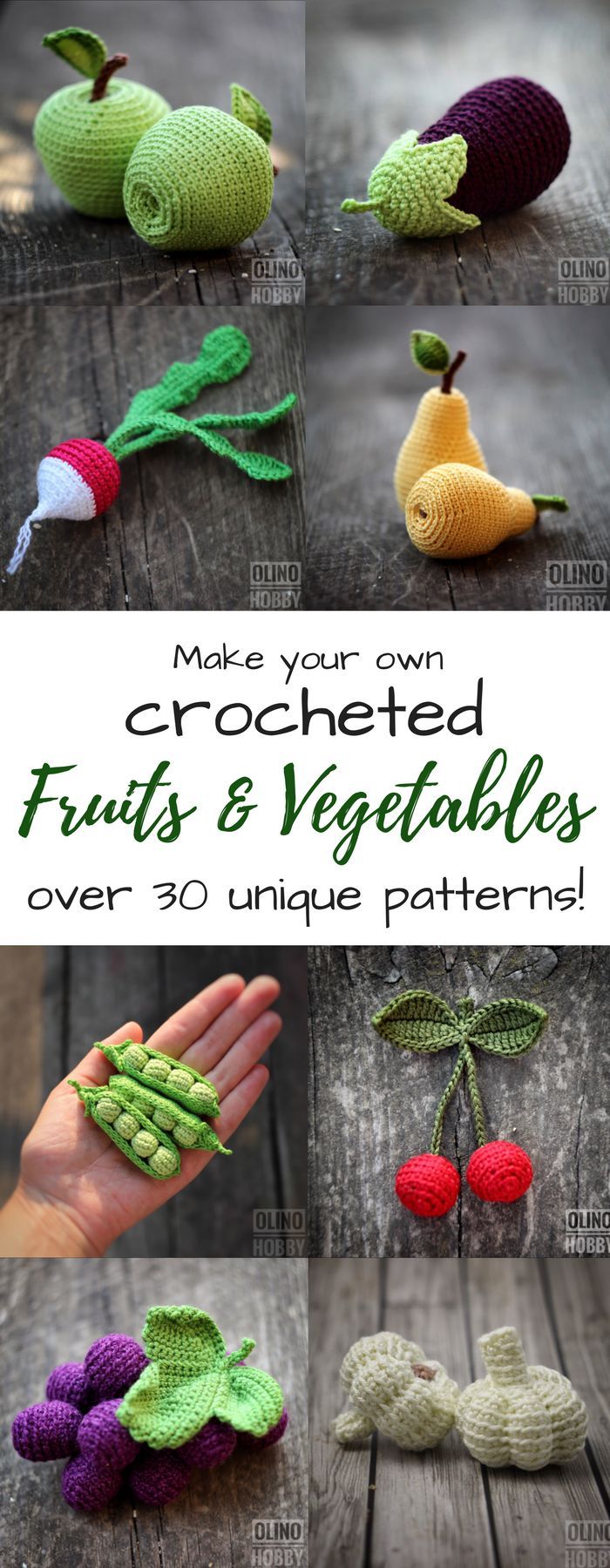 crocheted fruits and vegetables are featured in the book, made from yarns