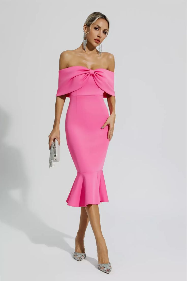 Rhea Rose Red Bow Off Shoulder Ruffles Dress Chic Pink Off-shoulder Cocktail Dress, Pink Off Shoulder Evening Dress With Ruffles, Party Off Shoulder Dress With Ruffle Hem, Feminine Sleeveless Off Shoulder Dress For Party, Elegant Pink Off Shoulder Dress For Cocktail, Feminine Off-shoulder Sleeveless Dress For Party, Elegant Pink Off-shoulder Dress For Cocktail, Elegant Pink Off-shoulder Cocktail Dress, Chic Off Shoulder Ruffle Dress For Cocktail