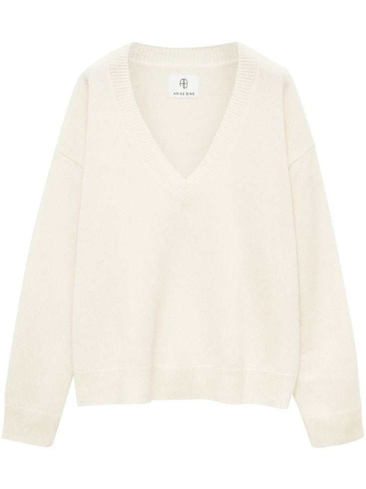 ivory white cashmere fine knit plunging V-neck long sleeves elasticated cuffs elasticated hem