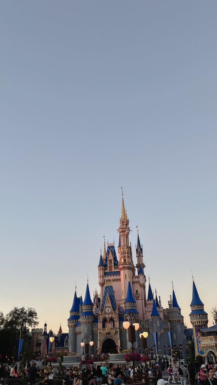 people are standing in front of the castle at disneyland's magic kingdom during sunset