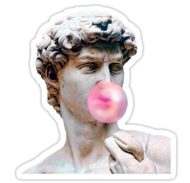 a close up of a person blowing a bubble on a sticker with a white background