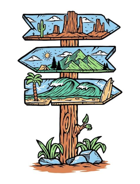 a wooden sign with arrows pointing to different places in the sky and mountains on it