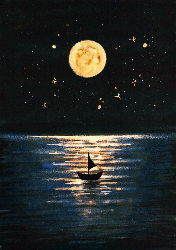 a painting of a boat floating in the water at night under a full moon and stars