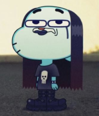 a cartoon character standing in front of a sign with a skull on it's chest