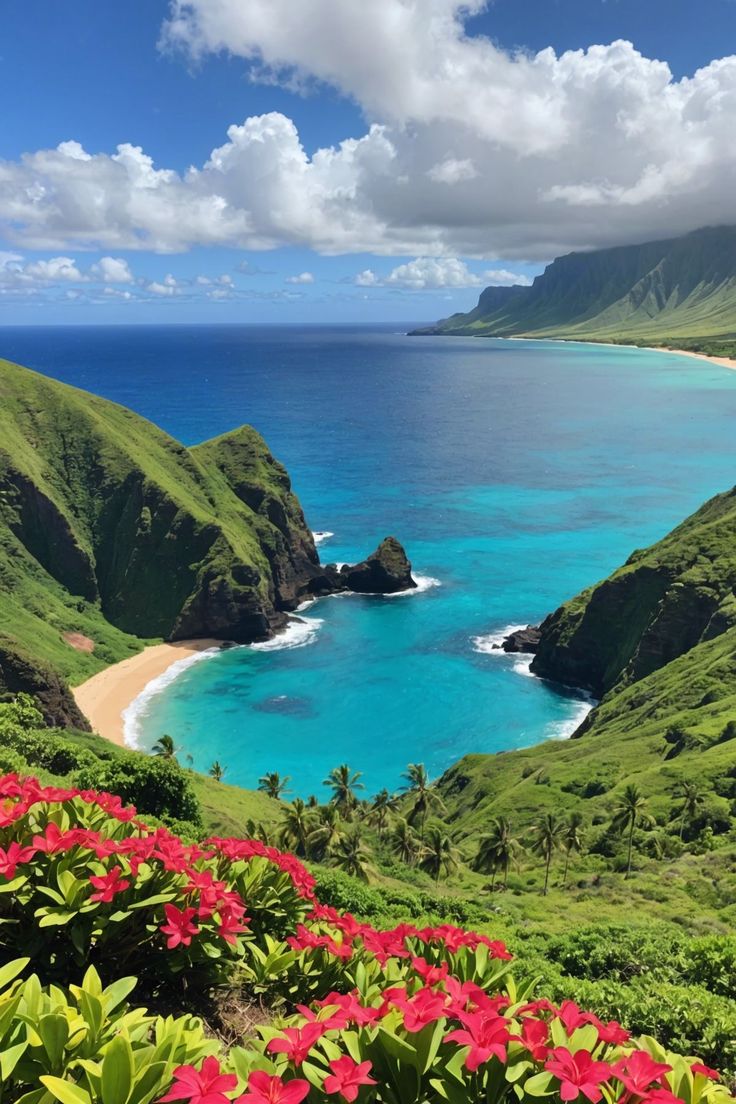 the beautiful island is surrounded by lush green hills and blue water, with red flowers in the foreground