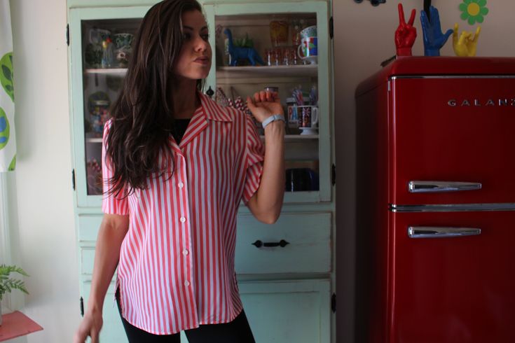 "1980s adorable top pink and white striped tagged a small model wears a medium and is 5 foot 4 silky soft good vintage condition 38-40\"bust 31\"long Thank YOU and please feel free to ask me any ?s:) Have a lovely day xoxo www.etsy.com/shop/retroandme" Fitted Tops With Vertical Stripes For Summer, Trendy Fitted Striped Blouse, Retro Tops With Vertical Stripes And Relaxed Fit, Fitted Blouse With Vertical Stripes For Spring, Fitted Striped Blouse For Summer, Summer Retro Pink Blouse, Vintage Tops With Vertical Stripes For Summer, Retro Pink Summer Blouse, Spring Vintage Top With Striped Collar