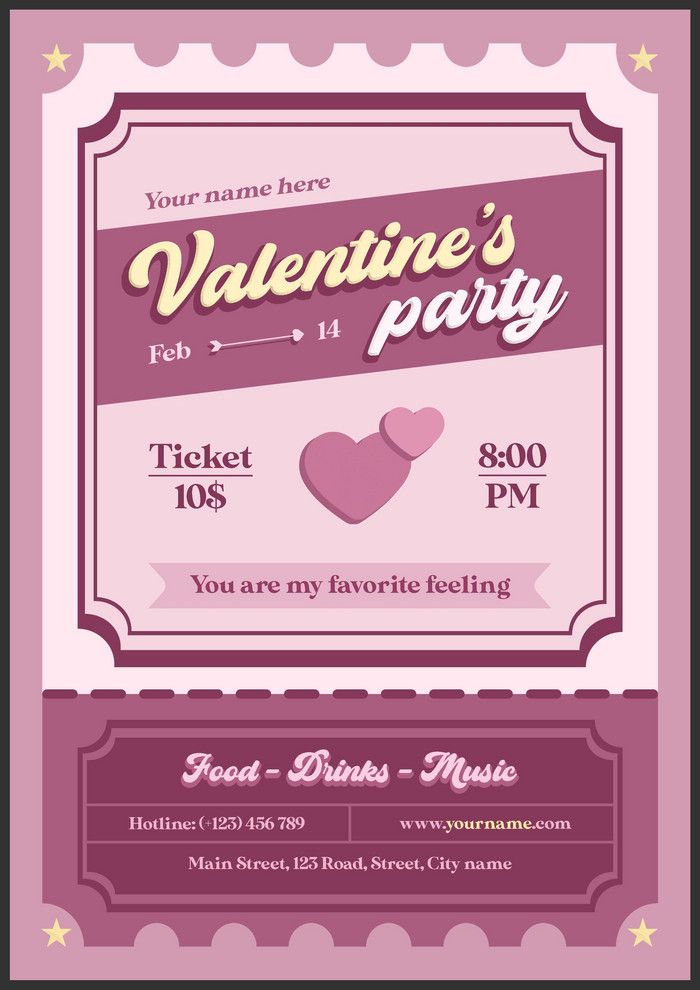 valentine's party flyer template with hearts and stars on the front, purple background