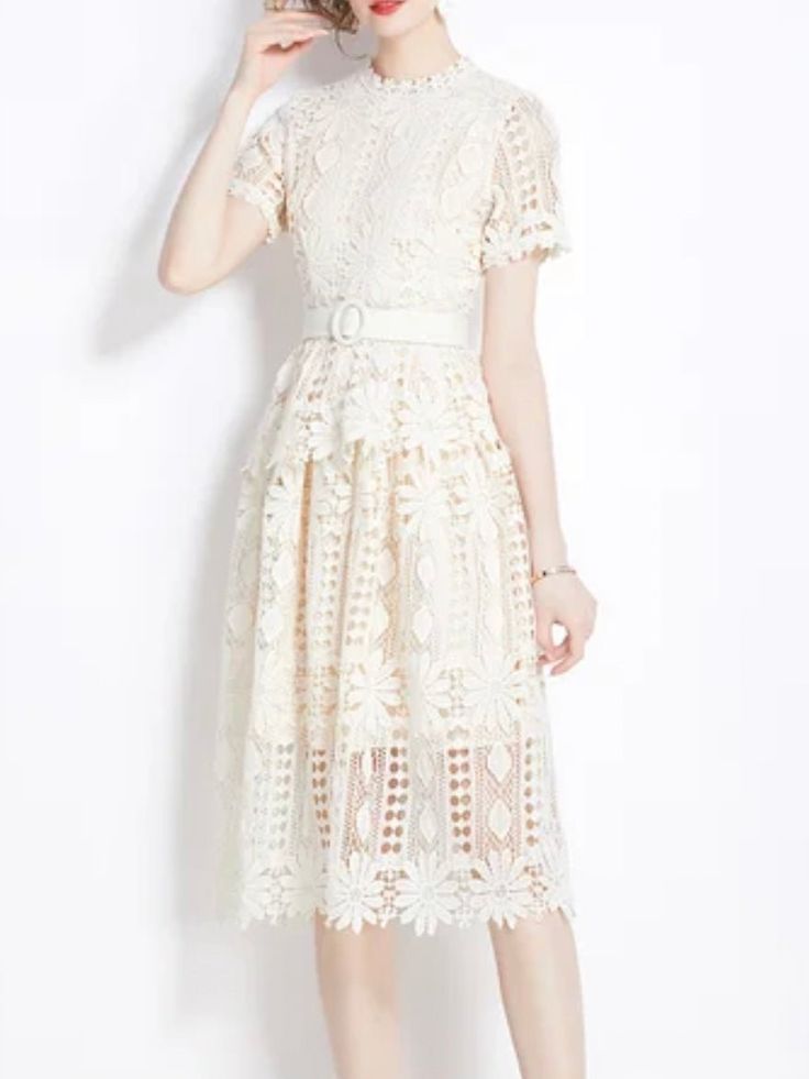 Casual Look. European design. Heaven embroidered dress. Halter neck. Short sleeves. Zipper back closure. Polyester lace fabric. Color may be lighter or darker depending of the device it is displayed. Formal Midi Length Lace Dress, A-line Lace Midi Dress For Garden Party, Beige Midi Dress With Lace Patchwork, Spring A-line Dress With Lace Collar, Feminine Midi Dress With Lace Sleeves For Garden Party, Knee-length Lace Dress With Lace Sleeves, Feminine Lace Sleeve Midi Dress For Garden Party, Lace Patchwork Midi Length Dress, Beige A-line Lace Dress