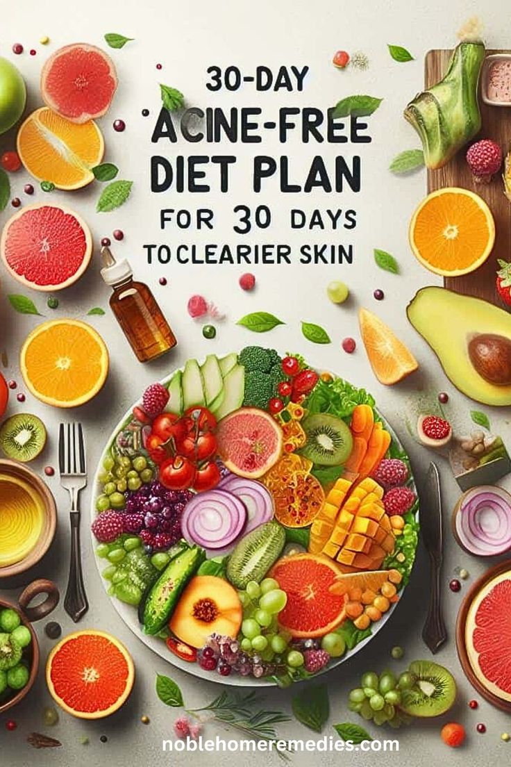 A 30-day acne-free diet plan to achieve clearer, healthier skin. Discover skin-loving foods and a holistic approach to skincare for a radiant complexion. Healthy Acne Free Diet, Foods To Eat For Good Skin, Low Glycemic Diet For Acne, Healthy Skin Diet Acne, Good Healthy Foods Aesthetic, Diet For Pimple Free Skin, Foods To Avoid For Acne Clear Skin, Acne Diet Meal Plan, Clear Skin Meal Plan