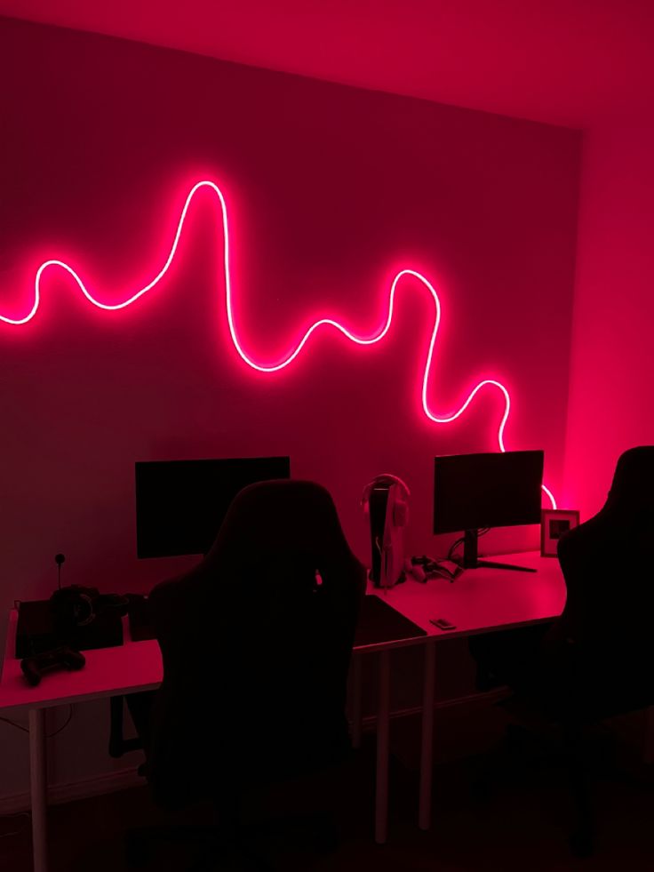 A gaming room, with setup for playstation 5 and PC, with RGB NEON LED LIGHT STRIPS, sound response. Couples gaming corner, couples gaming room. Neon Light Wall Design, Guys Room Aesthetic Led Lights, Led Light Art Bedroom, Led Rope Lights Bedroom, Rope Lights Bedroom, Black Lights Bedroom, Led Strip Lighting Ideas, Bedroom Ideas For Guys, Mens Room Decor