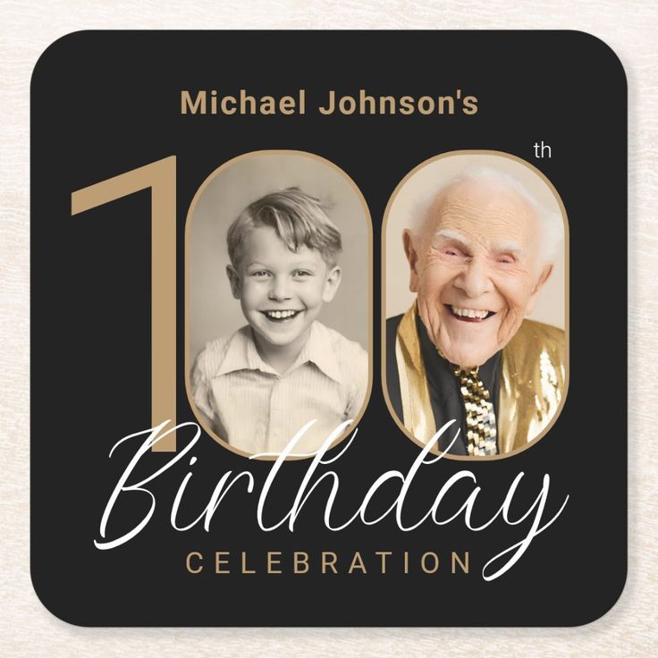 an old man and young boy celebrating their 100th birthday beverage coaster with the words, 100th birthday celebration