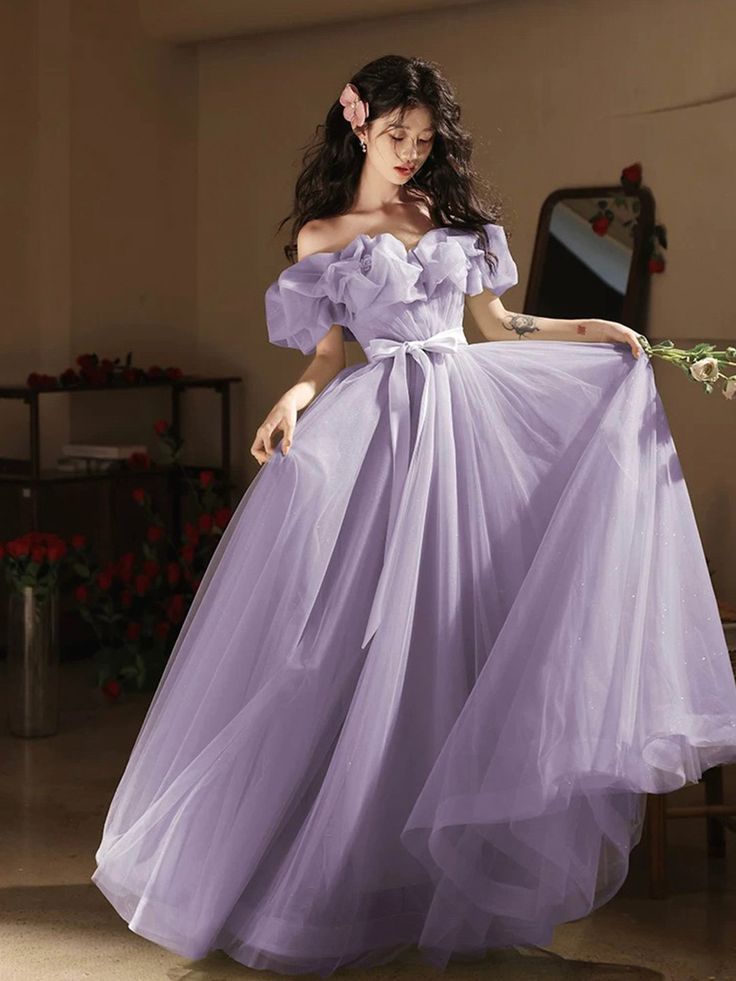 Light Purple Prom Dress, Off Shoulder Tulle, Prom Dresses Off The Shoulder, Prom Dresses Under 100, Tulle Long Prom Dress, Purple Tulle, Prom Formal Dresses, Tulle Party Dress, Multi Way Dress