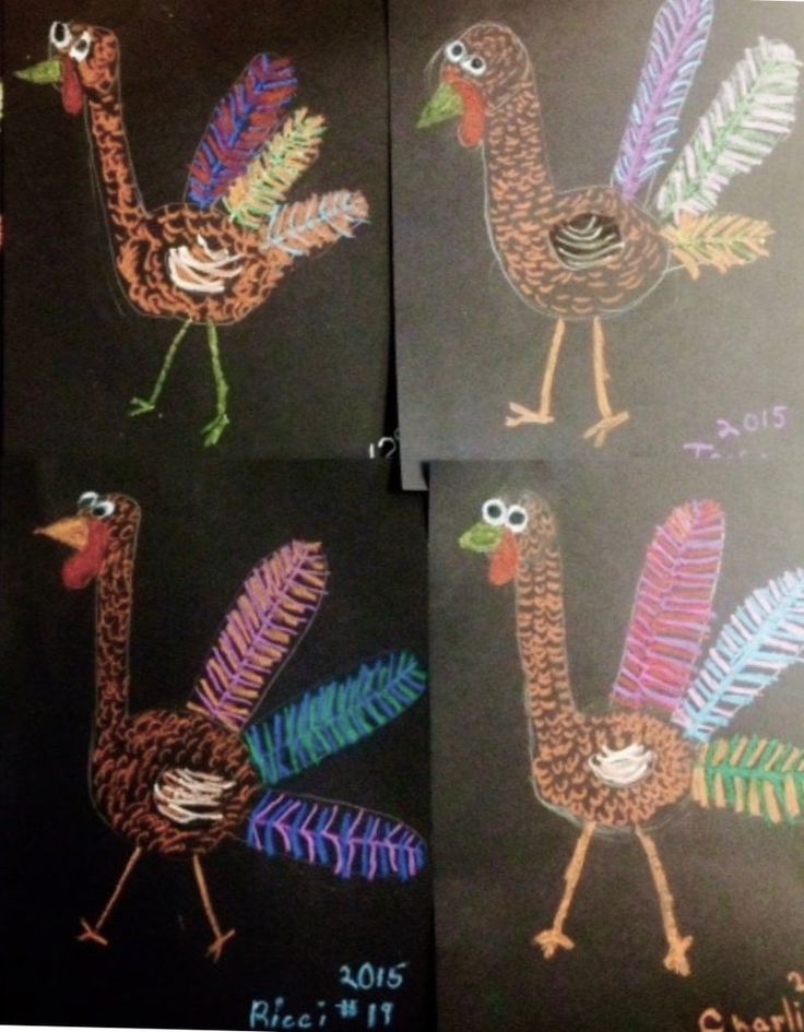 three pictures of turkeys painted on black paper with colored feathers and numbers in the middle