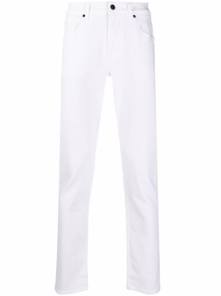 Bright-white cotton-blend skinny-cut denim jeans from 7 FOR ALL MANKIND featuring skinny cut, front button fastening, two diagonal pockets to the sides and two rear patch pockets. | 7 For All Mankind Skinny-Cut Denim Jeans Men’s White Jeans, White Five-pocket Jeans For Everyday, Mens Ripped White Jeans, White Slim Fit Denim Bottoms, White Non-stretch Denim Pants, White Jeans Men, 7 For All Mankind, White Cotton, Bright White