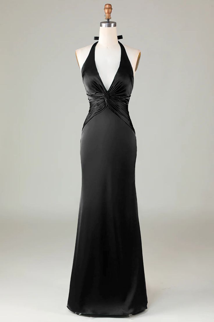 Details:   Indulge in luxury with our Mermaid Halter Dark Green Long Satin Bridesmaid Dress. This stunning halter maxi dress in a gorgeous dark green hue exudes elegance and sophistication. Perfect for any special occasion, this dress is sure to make a statement. Made with high-quality satin fabric, this dress is perfect for formal events and weddings. Its timeless design and luxurious material will make any bridesmaid feel elegant and sophisticated.    Features:    Silhouette: Sheath Style Open Back Evening Gown, Satin Bridesmaid Dress, Neck Deep, Fish Tail, Black Bridesmaid Dresses, Long Bridesmaid Dress, Satin Bridesmaid Dresses, Sophisticated Dress, Black Halter