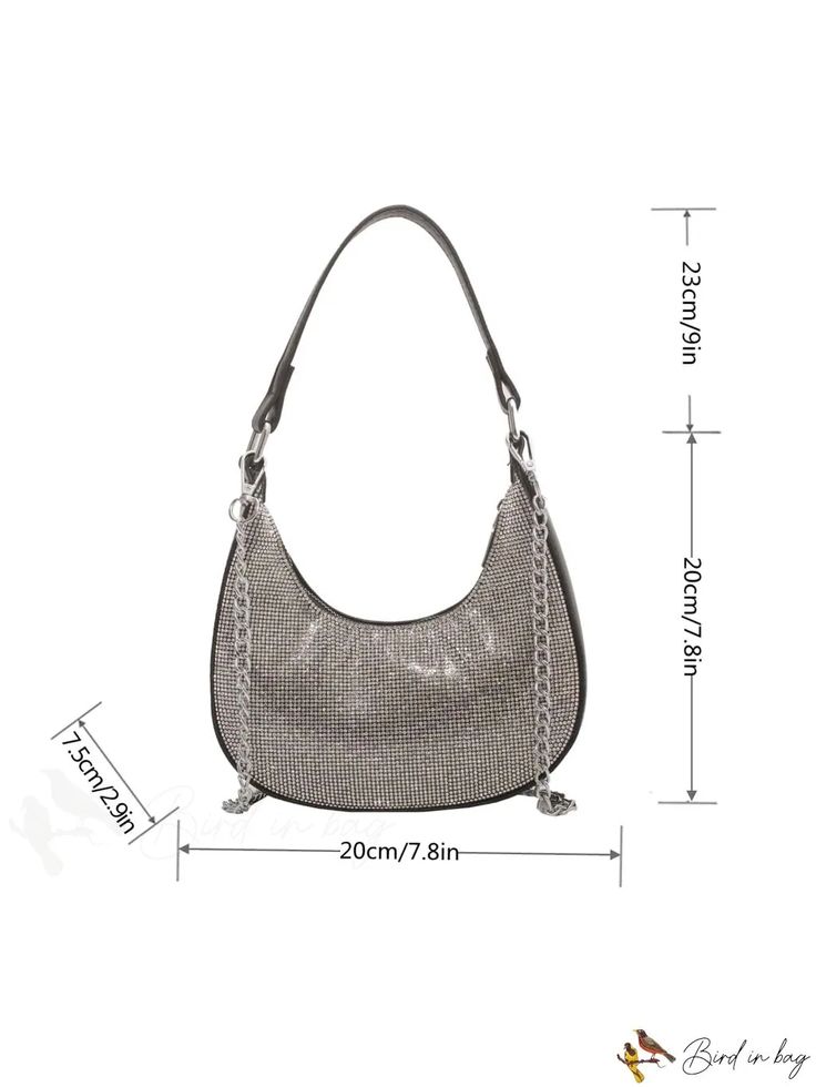 BirdinBag - Rhinestone-Embellished Hobo Handbag Shoulder Bag With Silver-tone Hardware For Night Out, Rhinestone Crossbody Bag For Night Out, Chic Shoulder Bag With Rhinestones For Everyday Use, Chic Everyday Shoulder Bag With Rhinestones, Chic Rhinestone Bags For Shopping, Trendy Embellished Bag For Night Out, Evening Rhinestone Crossbody Bag, Handheld Rhinestones Shoulder Bag For Night Out, Chic Handheld Shoulder Bag With Rhinestones