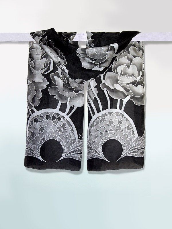 Black scarves 'Peony' is a hand painted silk scarf decorated with black and white flowers. This black and white foulard will make a wonderful gift for someone very special. Peony silk scarf is hand painted by me. It's design was inspired by a Art-Nouveau style of drawing flowers and baroque ornaments. This black silk scarf is a one of a kind wearable piece of art. It will go stunningly with a black dress or any other smart outfit. This foulard is decorated with 11 big peonies and two complimenta Artistic Black Silk Scarves, Black Artistic Silk Scarf, Artistic Black Silk Scarf, Black Scarves, Flowers Peony, Design Art Nouveau, Black Silk Scarf, Baroque Ornament, Black And White Scarf