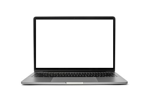 an open laptop computer sitting on top of a white surface with a blank screen in front of it