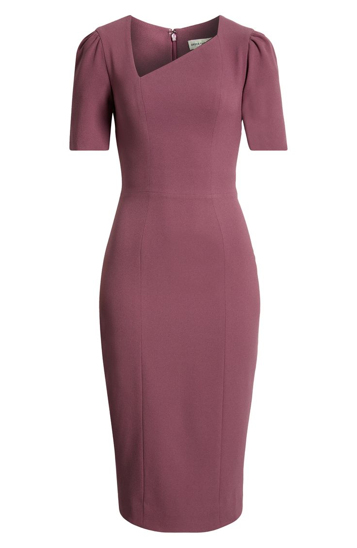 Step away, stylistically, from the standard sheath dress and stand out in this version, which makes an artful statement with its off-center neckline. 44 1/2" length (size Medium) Hidden back-zip closure Asymmetric square neck Short sleeves Lined 97% polyester, 3% spandex Dry clean or machine wash, line dry Imported Elegant Bodycon Dress With Boat Neck, Elegant Boat Neck Midi Dress For Work, Elegant Midi Dress With Boat Neck For Workwear, Fitted Midi Dress With Boat Neck, Asymmetrical Neckline Dresses For Workwear, Elegant Fitted Midi Dress With Boat Neck, Short Sleeve Feminine Bodycon Dress For Formal, Elegant Dress With Asymmetrical Neckline For Office, Feminine Short Sleeve Formal Bodycon Dress