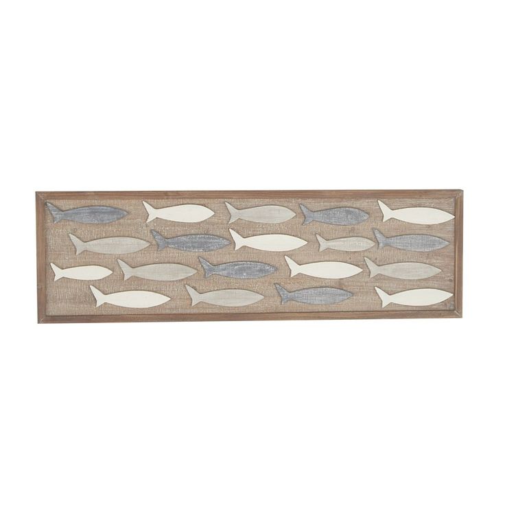 a wall hanging with fish on it in the shape of a rectangle, made out of wood