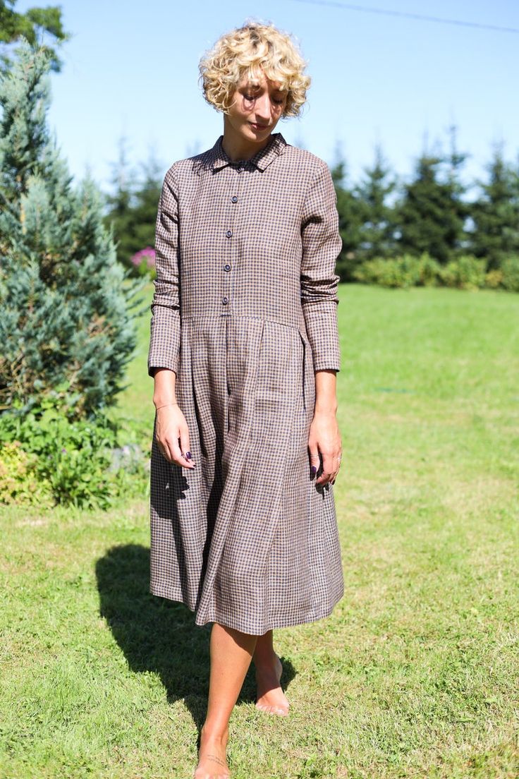 Gingham Linen Long Sleeve Loose Fit Dress OFFON CLOTHING - Etsy South Africa Fall Long Sleeve Dress With Button Cuffs, Fall Tunic Dress With Buttons, Long Sleeve Linen Dress With Buttons For Work, Fall Linen Dress For Workwear With Relaxed Fit, Fall Linen Dress Relaxed Fit For Work, Relaxed Fit Linen Dress For Fall Workwear, Knee-length Linen Dress For Workwear In Fall, Casual Long Sleeve Brown Linen Dress, Relaxed Fit Long Sleeve Dress With Button Cuffs